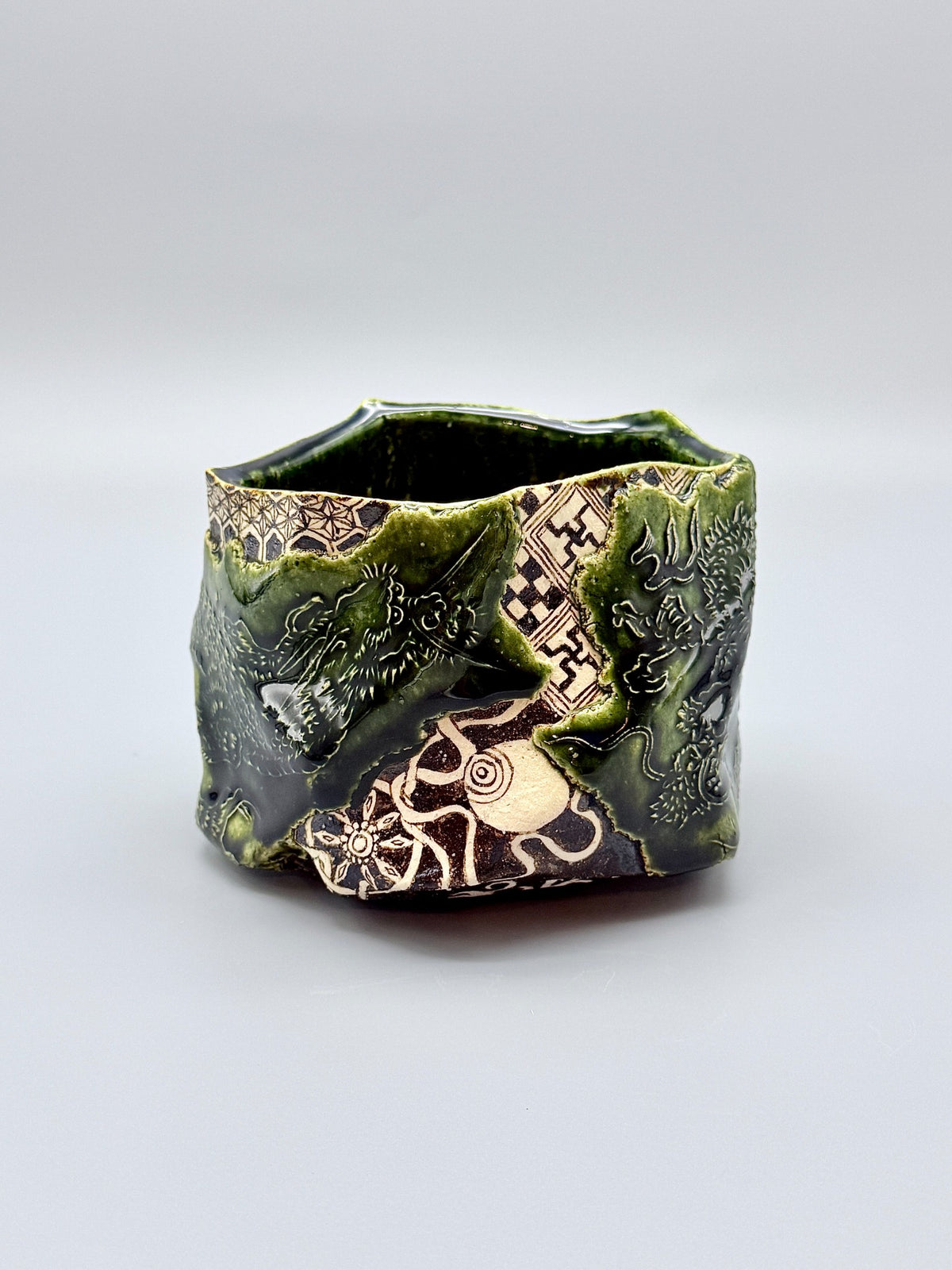Rimpa Oribe Tea Bowl with Twin Dragon Design